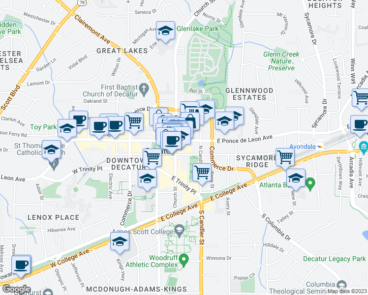map of restaurants, bars, coffee shops, grocery stores, and more near 216 East Ponce de Leon Avenue in Decatur