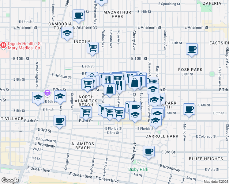 map of restaurants, bars, coffee shops, grocery stores, and more near 1739 East 7th Street in Long Beach