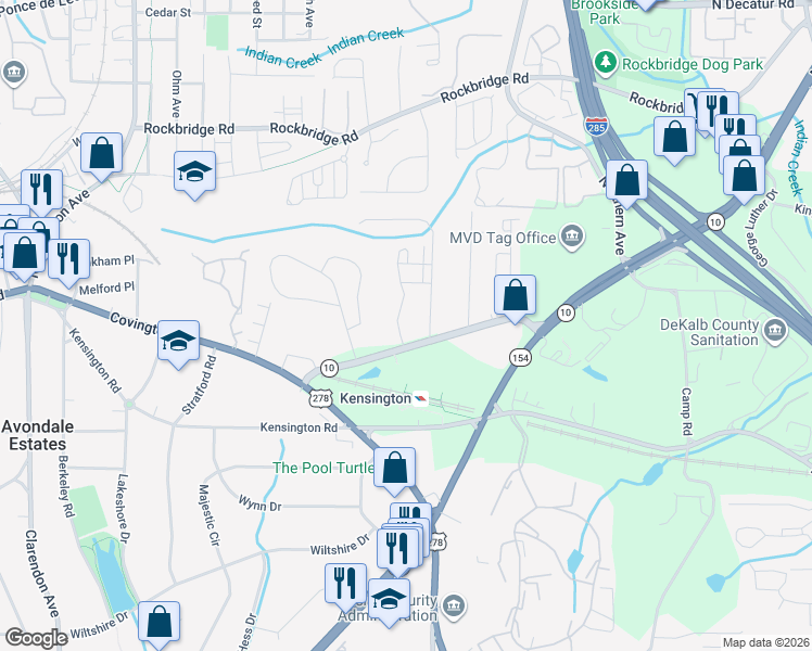 map of restaurants, bars, coffee shops, grocery stores, and more near 712 Avondale Hills Drive in Decatur