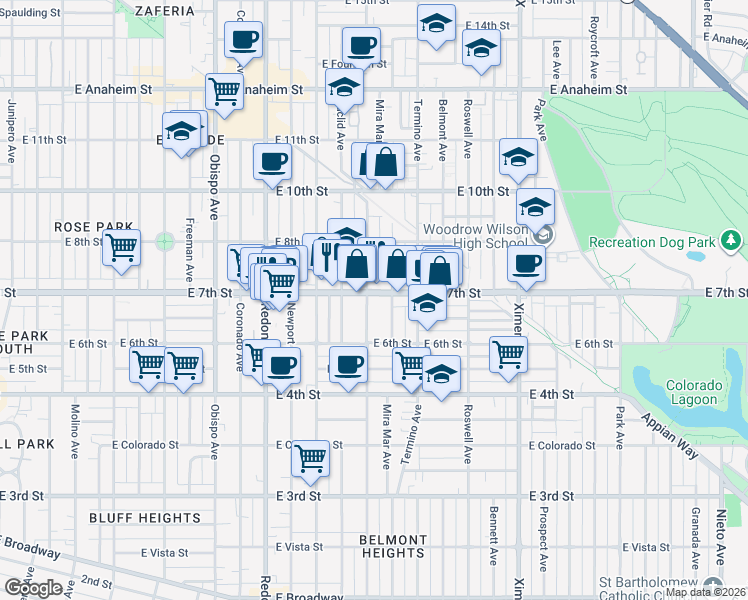 map of restaurants, bars, coffee shops, grocery stores, and more near 680 Grand Avenue in Long Beach