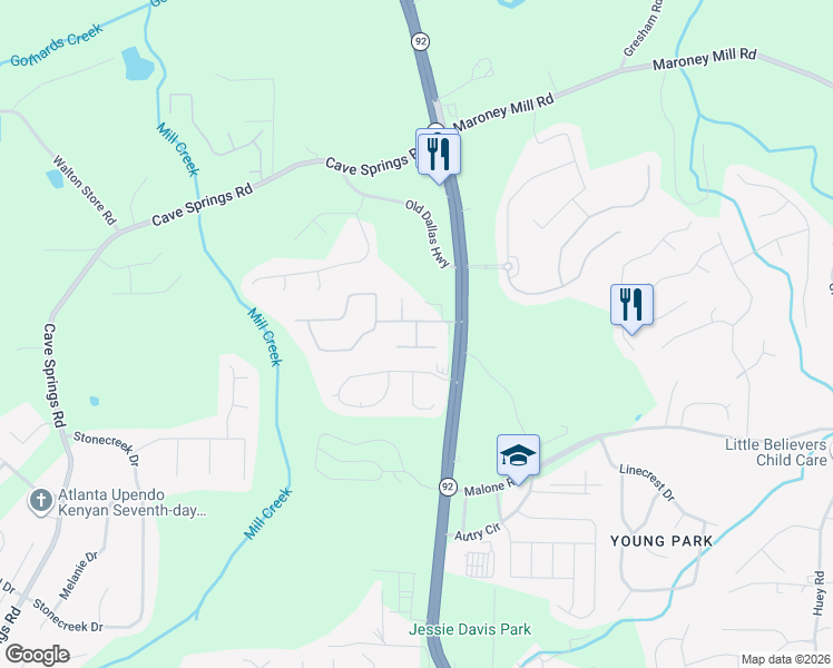 map of restaurants, bars, coffee shops, grocery stores, and more near 1123 Busby Way in Douglasville
