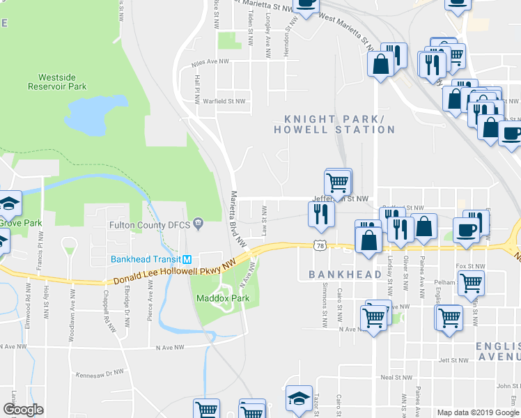 map of restaurants, bars, coffee shops, grocery stores, and more near 744 Law Street Northwest in Atlanta
