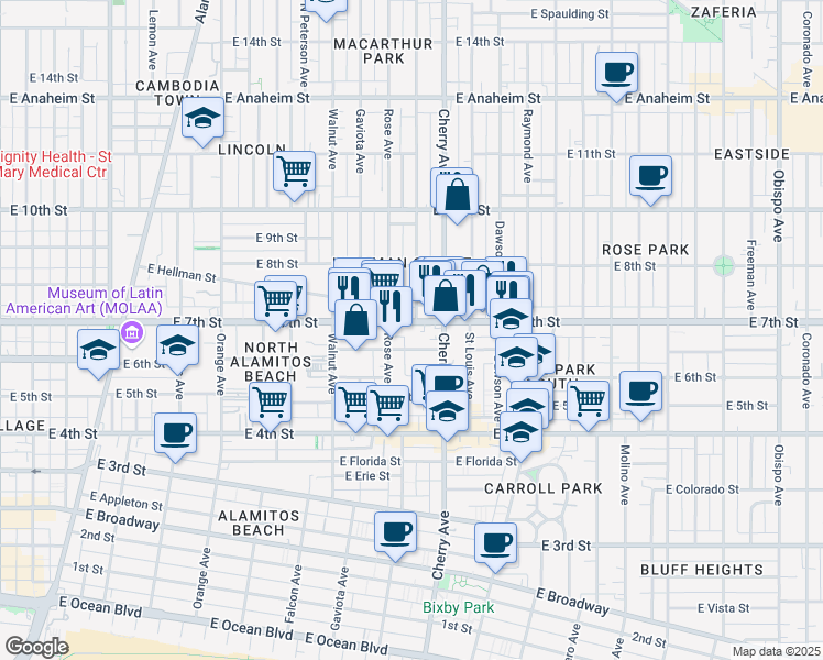 map of restaurants, bars, coffee shops, grocery stores, and more near 1905 East 7th Street in Long Beach