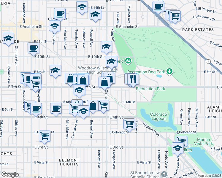 map of restaurants, bars, coffee shops, grocery stores, and more near 4426 East 7th Street in Long Beach