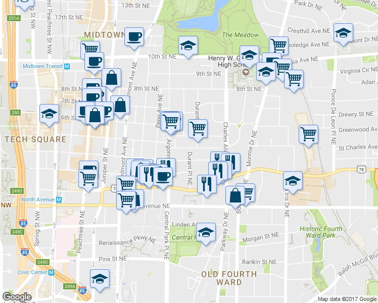 map of restaurants, bars, coffee shops, grocery stores, and more near 345 5th Street Northeast in Atlanta