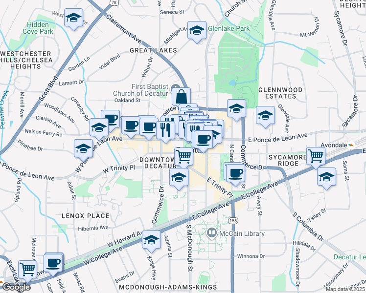 map of restaurants, bars, coffee shops, grocery stores, and more near 1 West Court Square in Decatur