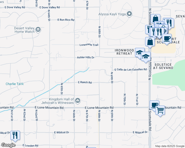 map of restaurants, bars, coffee shops, grocery stores, and more near 6725 East Calle de Las Estrellas Road in Cave Creek
