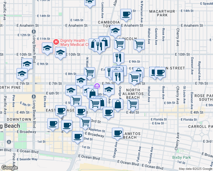 map of restaurants, bars, coffee shops, grocery stores, and more near 1078 East 7th Street in Long Beach