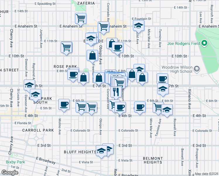 map of restaurants, bars, coffee shops, grocery stores, and more near 3300 East 7th Street in Long Beach