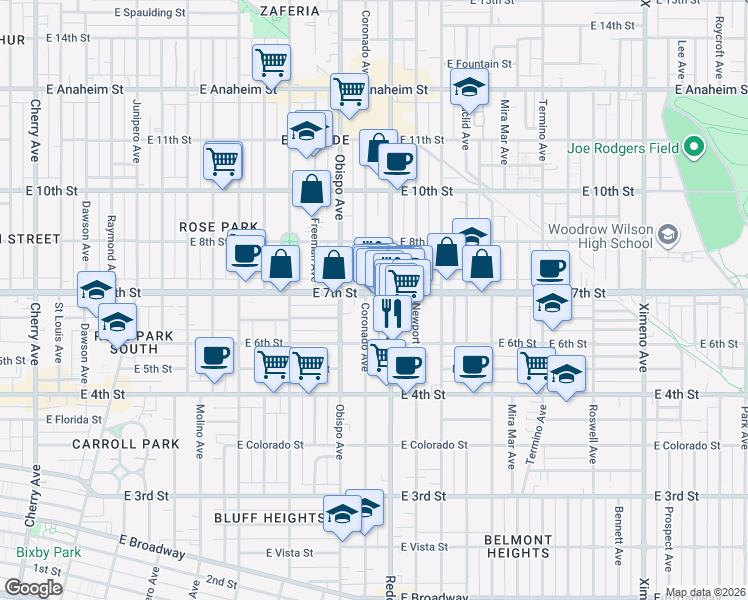 map of restaurants, bars, coffee shops, grocery stores, and more near 3304 East 7th Street in Long Beach