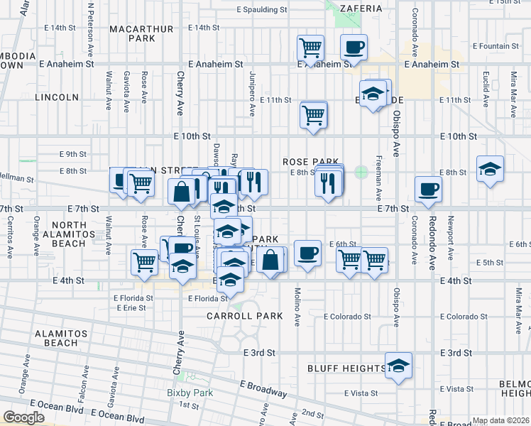 map of restaurants, bars, coffee shops, grocery stores, and more near 2430 East 7th Street in Long Beach