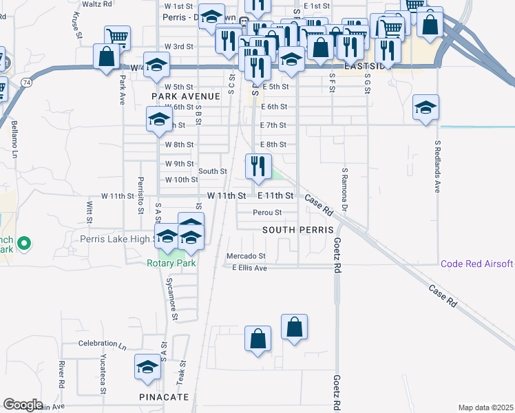map of restaurants, bars, coffee shops, grocery stores, and more near 129 East 11th Street in Perris