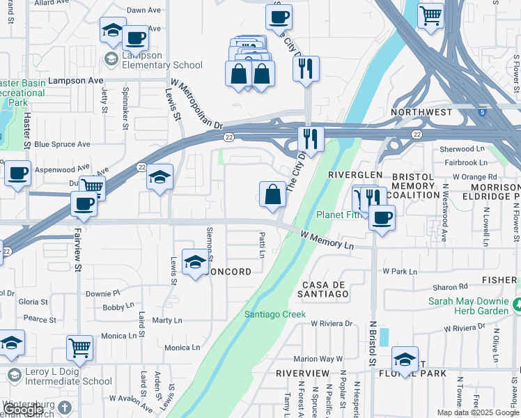map of restaurants, bars, coffee shops, grocery stores, and more near 770 The City Drive South in Orange