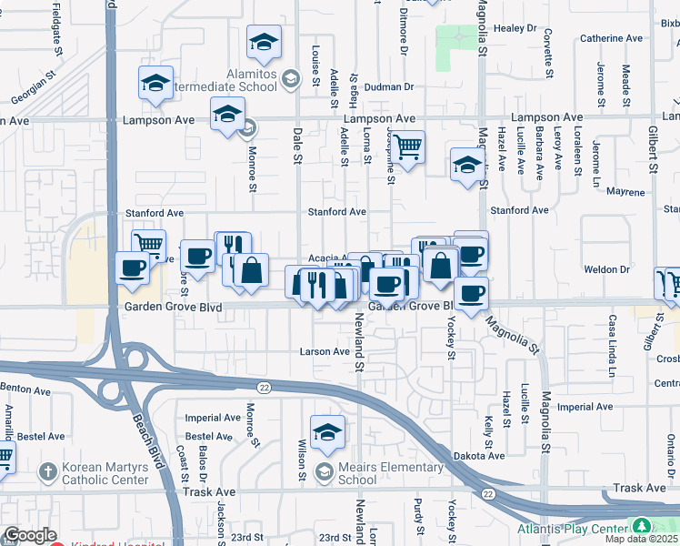 map of restaurants, bars, coffee shops, grocery stores, and more near 8562 Acacia Avenue in Garden Grove