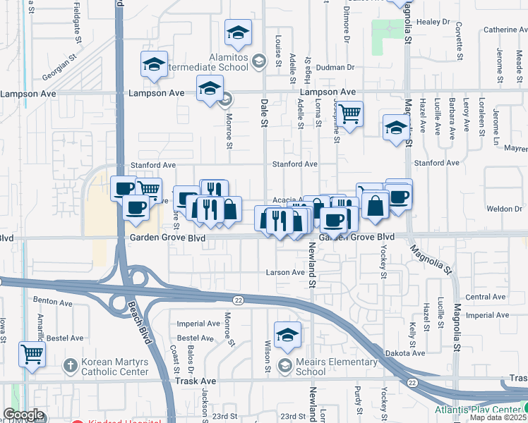 map of restaurants, bars, coffee shops, grocery stores, and more near 12864 Dale Street in Garden Grove