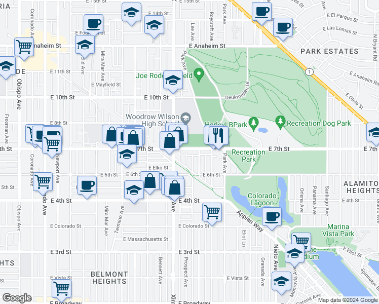 map of restaurants, bars, coffee shops, grocery stores, and more near 4540 East 7th Street in Long Beach