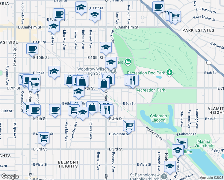 map of restaurants, bars, coffee shops, grocery stores, and more near 4540 East 7th Street in Long Beach