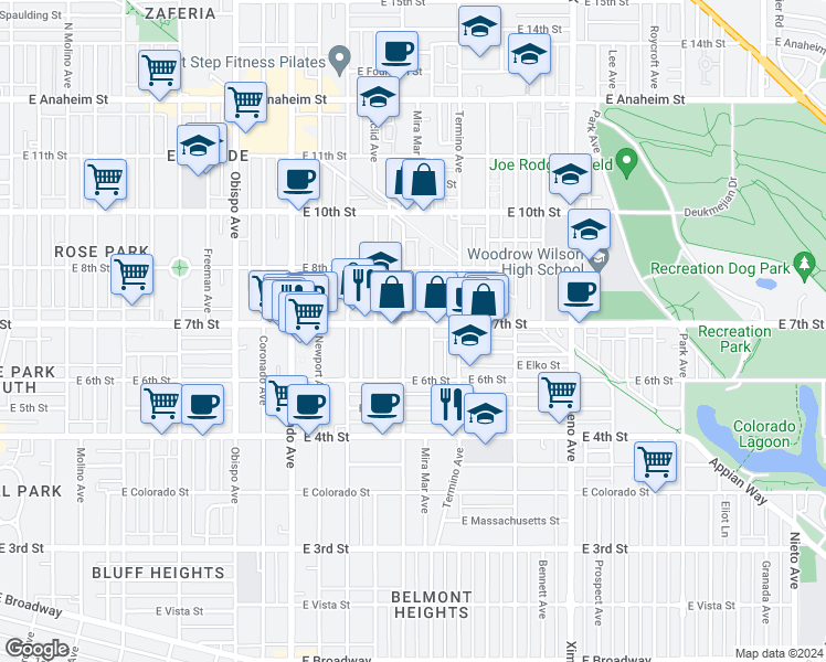 map of restaurants, bars, coffee shops, grocery stores, and more near 3823 East 7th Street in Long Beach
