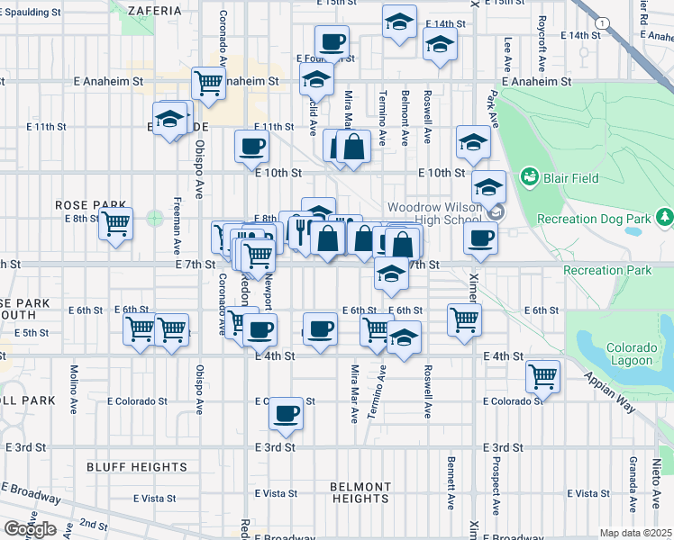 map of restaurants, bars, coffee shops, grocery stores, and more near 3823 East 7th Street in Long Beach