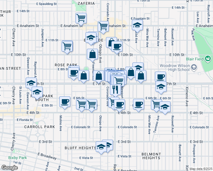 map of restaurants, bars, coffee shops, grocery stores, and more near 3307 East 7th Street in Long Beach