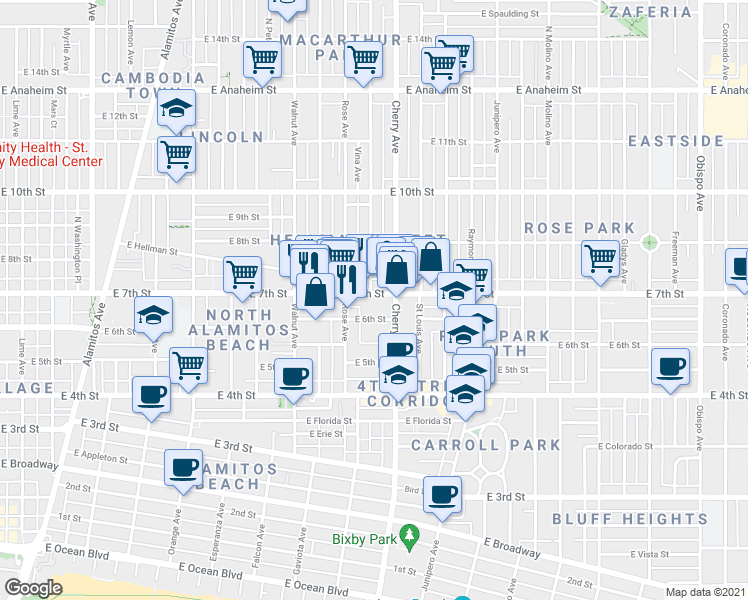 map of restaurants, bars, coffee shops, grocery stores, and more near 1905 East 7th Street in Long Beach