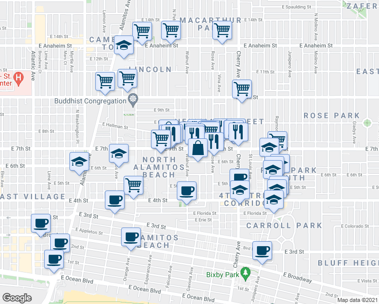 map of restaurants, bars, coffee shops, grocery stores, and more near in Long Beach