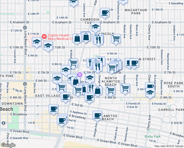 map of restaurants, bars, coffee shops, grocery stores, and more near 1041 East 7th Street in Long Beach