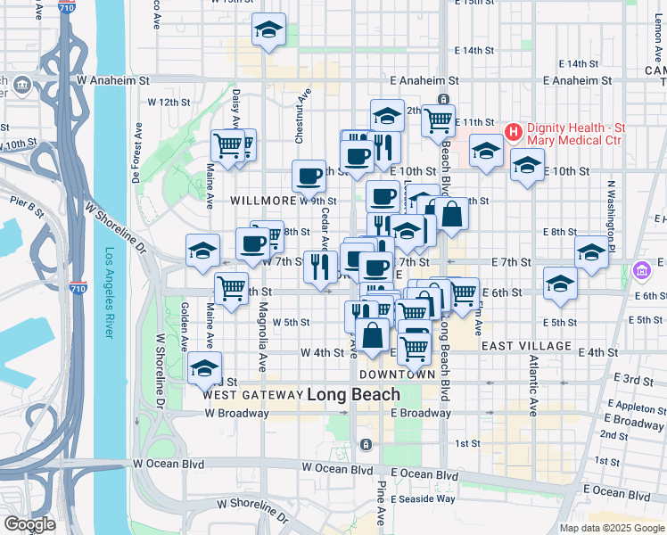 map of restaurants, bars, coffee shops, grocery stores, and more near 703 Pacific Avenue in Long Beach