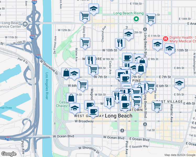 map of restaurants, bars, coffee shops, grocery stores, and more near 403 North Virginia Court in Long Beach