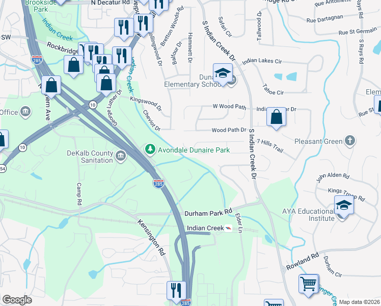 map of restaurants, bars, coffee shops, grocery stores, and more near 3846 Springleaf Court in Stone Mountain