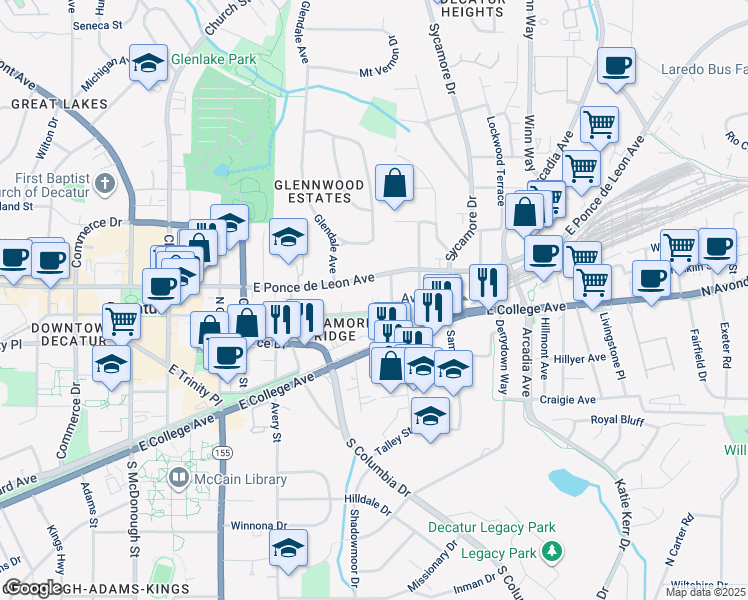 map of restaurants, bars, coffee shops, grocery stores, and more near 627 East Ponce de Leon Avenue in Decatur