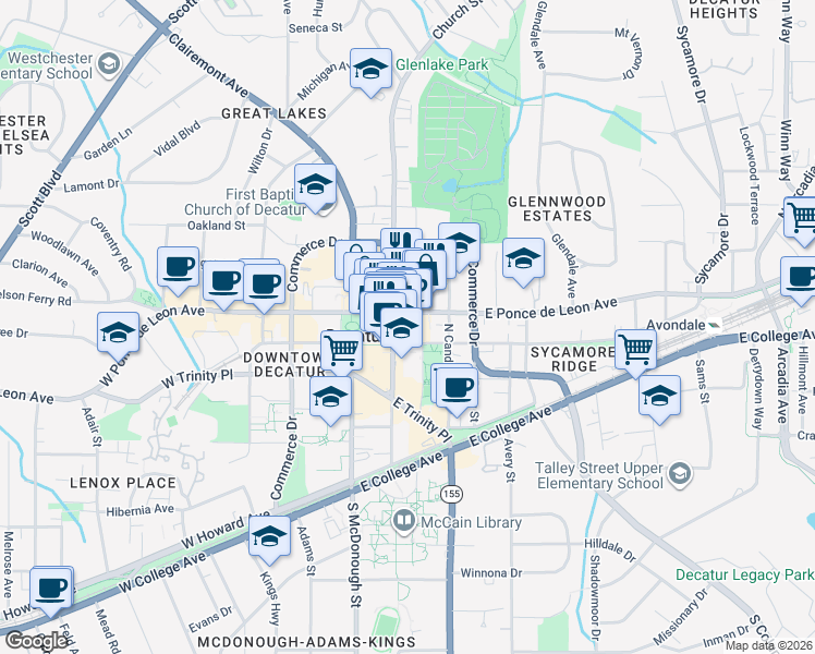 map of restaurants, bars, coffee shops, grocery stores, and more near 216 East Ponce de Leon Avenue in Decatur