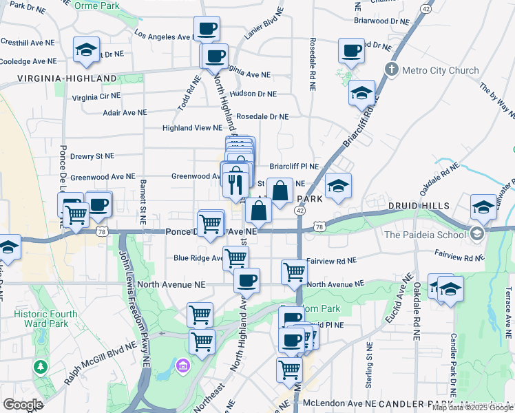 map of restaurants, bars, coffee shops, grocery stores, and more near 1095 Saint Charles Place Northeast in Atlanta