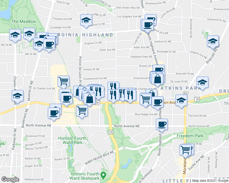 map of restaurants, bars, coffee shops, grocery stores, and more near 886 Saint Charles Avenue Northeast in Atlanta