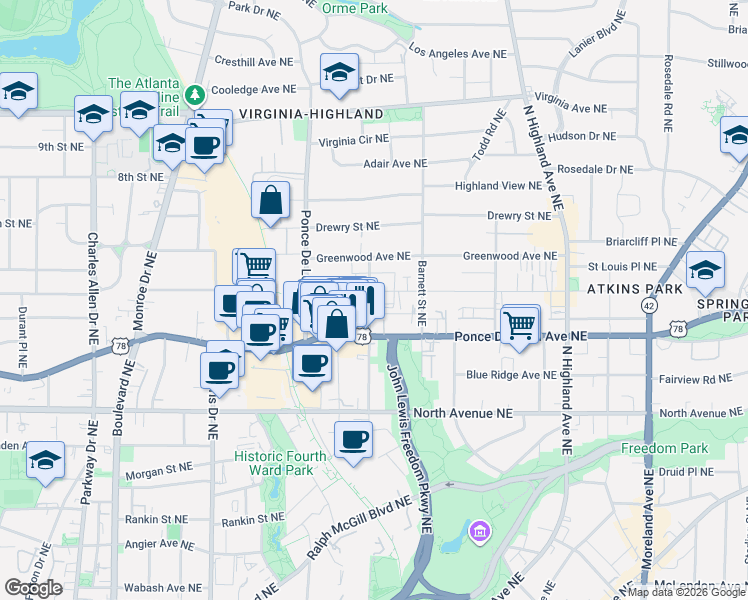 map of restaurants, bars, coffee shops, grocery stores, and more near 791 Saint Charles Avenue Northeast in Atlanta