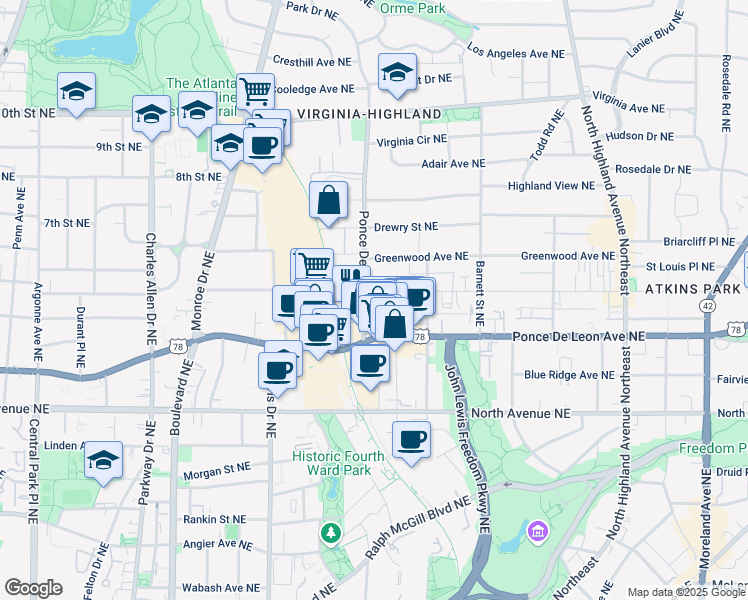 map of restaurants, bars, coffee shops, grocery stores, and more near 737 Saint Charles Avenue Northeast in Atlanta