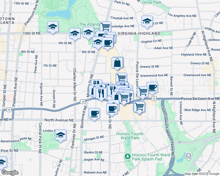 map of restaurants, bars, coffee shops, grocery stores, and more near 587 Saint Charles Avenue Northeast in Atlanta