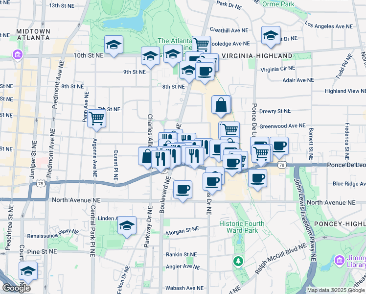 map of restaurants, bars, coffee shops, grocery stores, and more near 513 Saint Charles Avenue Northeast in Atlanta