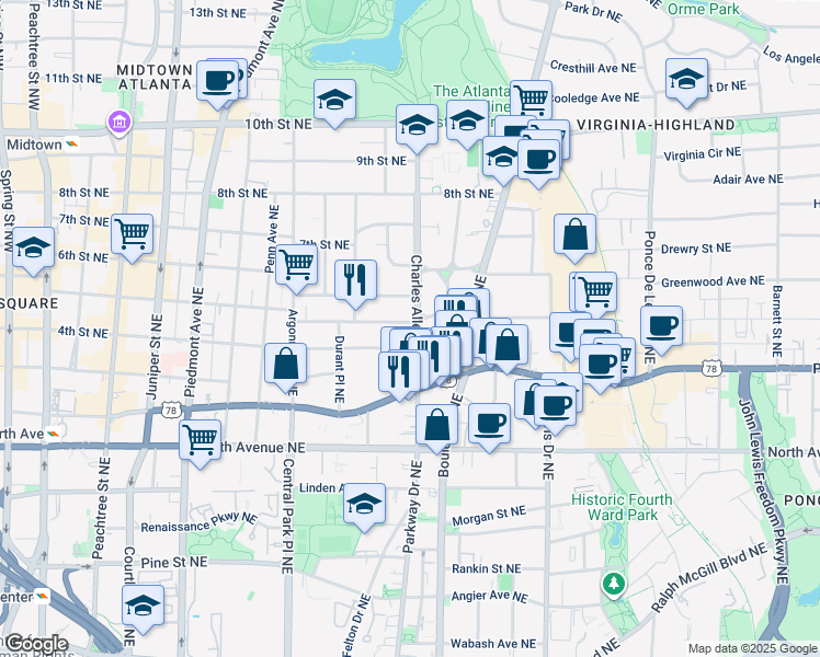 map of restaurants, bars, coffee shops, grocery stores, and more near 418 5th Street Northeast in Atlanta