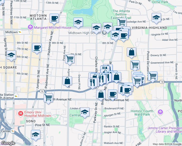 map of restaurants, bars, coffee shops, grocery stores, and more near 418 5th Street Northeast in Atlanta