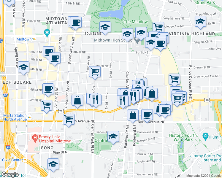 map of restaurants, bars, coffee shops, grocery stores, and more near 374 5th Street Northeast in Atlanta
