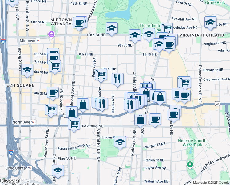 map of restaurants, bars, coffee shops, grocery stores, and more near 374 5th Street Northeast in Atlanta