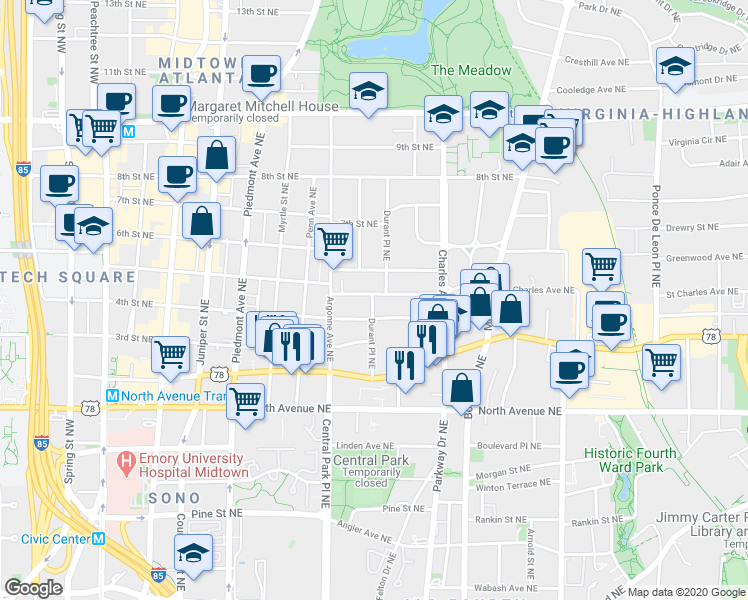 map of restaurants, bars, coffee shops, grocery stores, and more near 332 5th Street Northeast in Atlanta