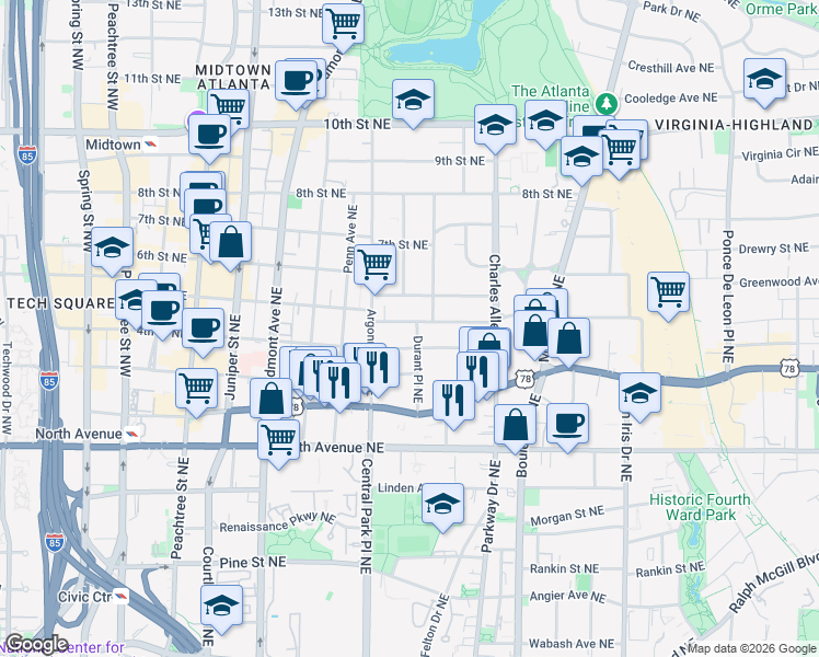 map of restaurants, bars, coffee shops, grocery stores, and more near 341 5th Street Northeast in Atlanta