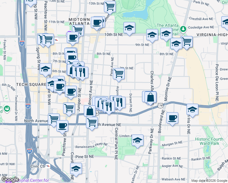 map of restaurants, bars, coffee shops, grocery stores, and more near 749 Penn Avenue Northeast in Atlanta