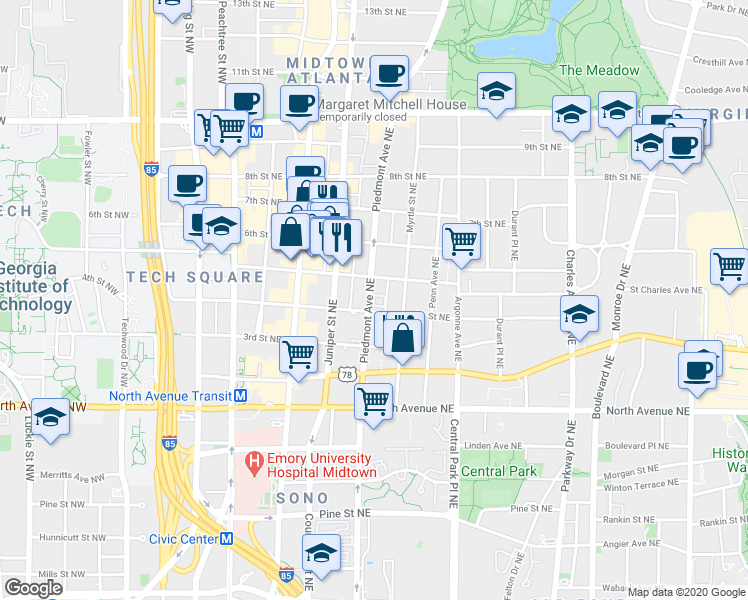 map of restaurants, bars, coffee shops, grocery stores, and more near 761 Piedmont Avenue Northeast in Atlanta