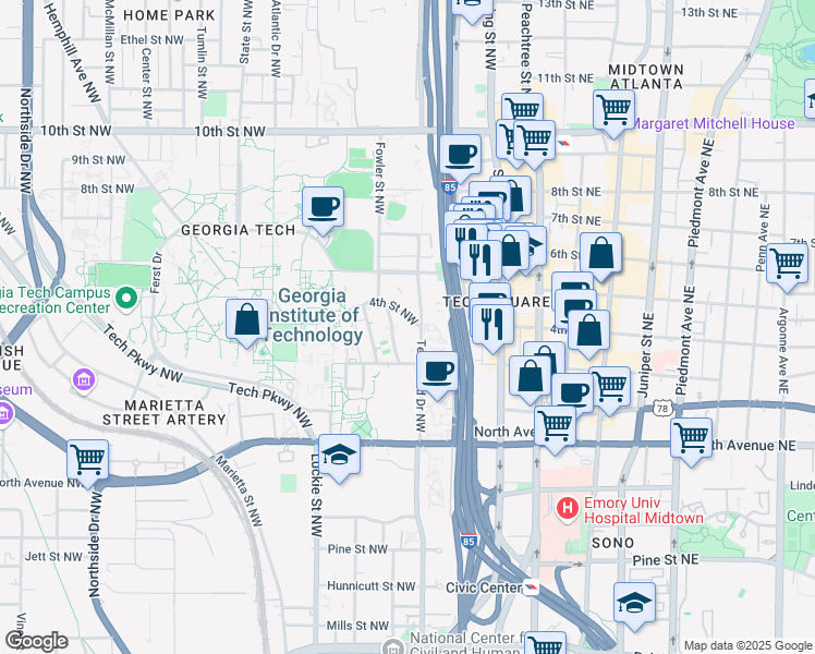 map of restaurants, bars, coffee shops, grocery stores, and more near 172 4th Street Northwest in Atlanta