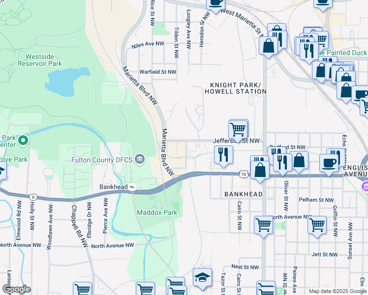 map of restaurants, bars, coffee shops, grocery stores, and more near 744 Law Street Northwest in Atlanta