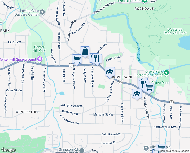 map of restaurants, bars, coffee shops, grocery stores, and more near 727 Charlotte Place Northwest in Atlanta