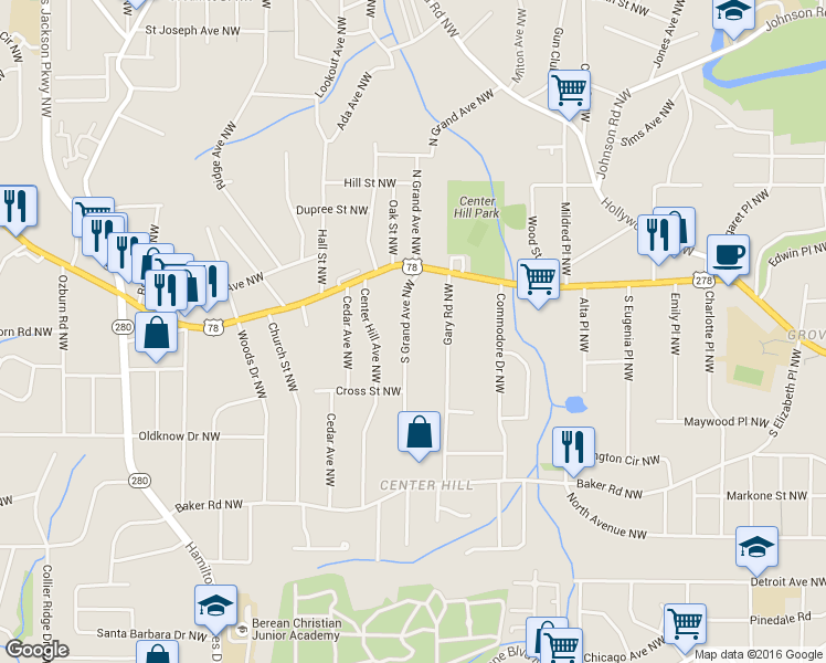 map of restaurants, bars, coffee shops, grocery stores, and more near 735 South Grand Avenue Northwest in Atlanta